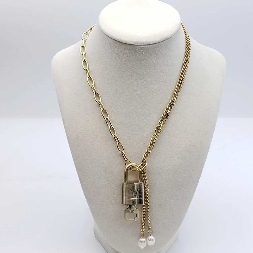 Stainless Steel Gold-Plated Necklace with Authentic Louis Vuitton Padlock